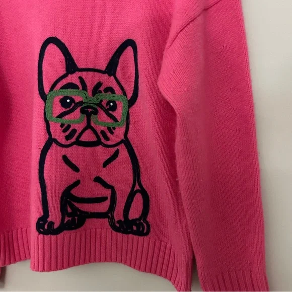 Boden Natalie Embroidered Sweater Party Pink French Bulldog - Picture 5 of 5
